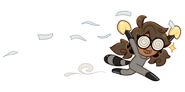 Boba-tan absconding with two fortune cookies in hand, held aloft as she races off with her tasty prize. Paper fortunes float in the air behind her. One might say she is running, with a cookie.