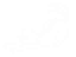 A white line-art drawing of a cat stretching.